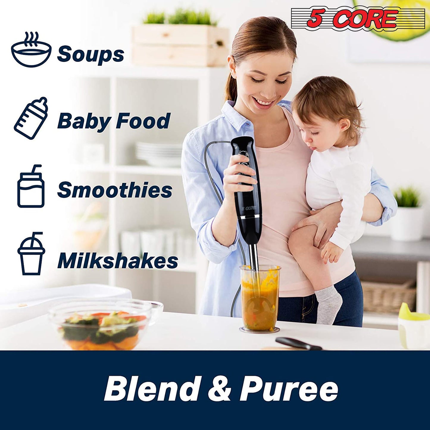 5Core Immersion Hand Blender 500W Electric Handheld Mixer w 2 Mixing Speed for Smoothies Puree-8