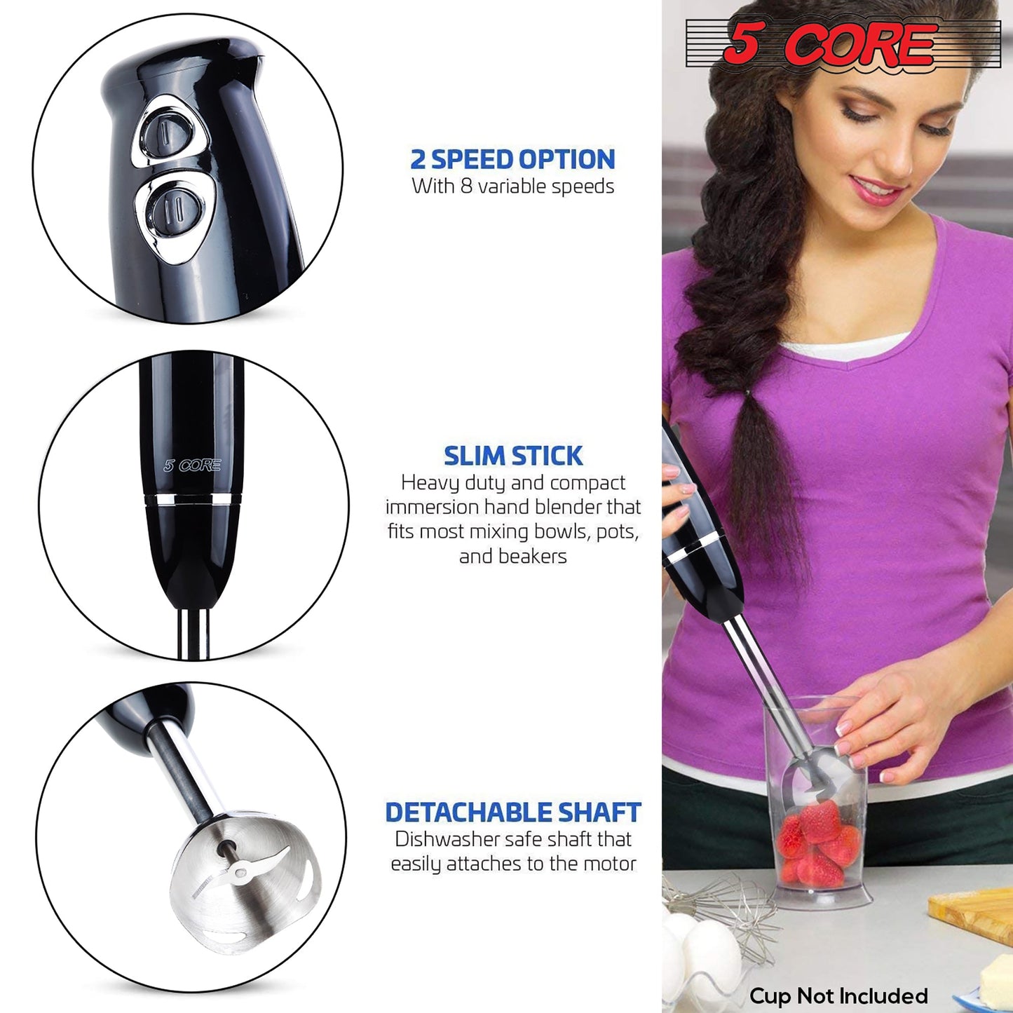 5Core Immersion Hand Blender 500W Electric Handheld Mixer w 2 Mixing Speed for Smoothies Puree-5